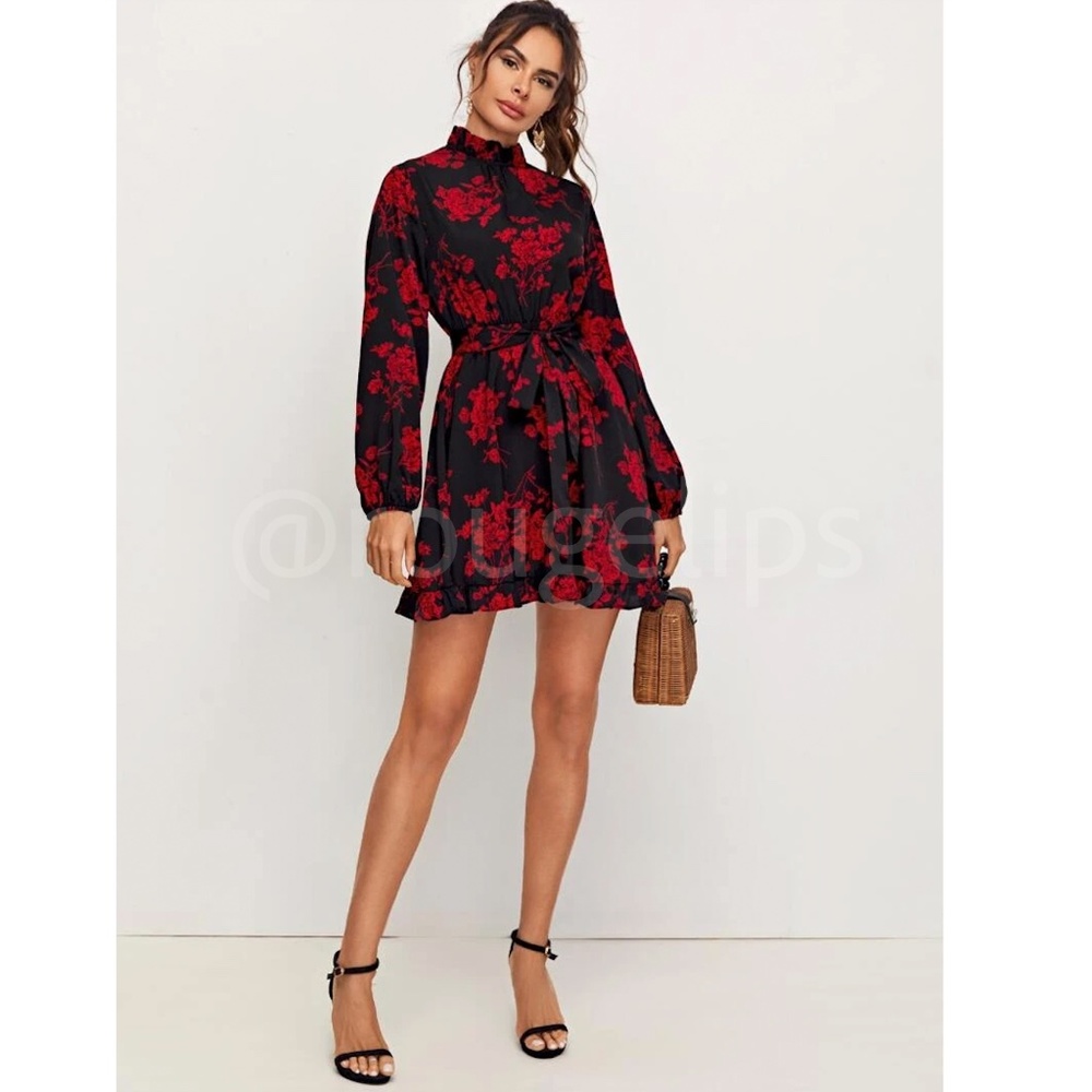 Red on Black Floral Mini Dress High Neck Long Sleeve Backless - Picture 6 of 8